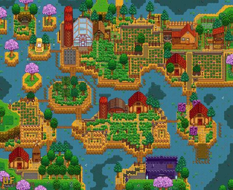 Do farm plans count? Shimmerflows Farm, Complete Plans - Album on Imgur Riverland Farm Layout, Stardew Farms, Stardew Valley Layout, Stardew Valley Tips, Valley River, Stardew Valley Farms, Green House Design, Top Farm, Farm Plans