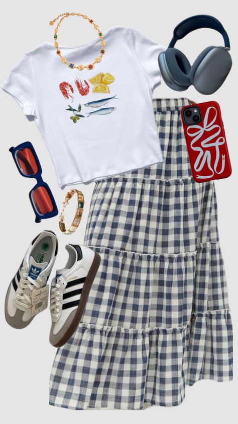 #outfit #outfitinpo #outfitboard #outfitchallenge #ootdfashion #fashioncollage #fashionmoodboard #collage #summer24 #skirt #trends #samba #music #vibes #art #bows #ribbon #gingham Outfit Inspo For Photoshoots, Gingham Skirt Outfit Aesthetic, Skirt And Sambas Outfit, Gingham Skirt Outfit Summer, London Street Style Summer 2024, Dopamine Dressing Outfit Summer, South Korea Summer Outfit, Summer Camp Outfit Ideas, Sambas With Skirt