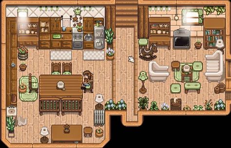 Stardew Valley House No Mods, Stardew Valley Second House Upgrade, Stardew Home Layout, Stardew Valley Interior Design Living Room, Cute Stardew Valley House, Stardew Valley House Interior Living Room, Stardew Wedding Dress, Stardew Valley Pink House, Chest Room Stardew Valley