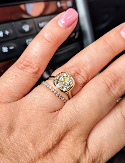 Cushion Cut Bezel Engagement Ring, Cushion Bezel Engagement Ring, Bezel Cushion Engagement Ring, Bezel Engagement Ring With Wedding Band, Gold Basket, Antique Cushion, Stack Rings, Bezel Engagement Ring, Cushion Engagement Ring