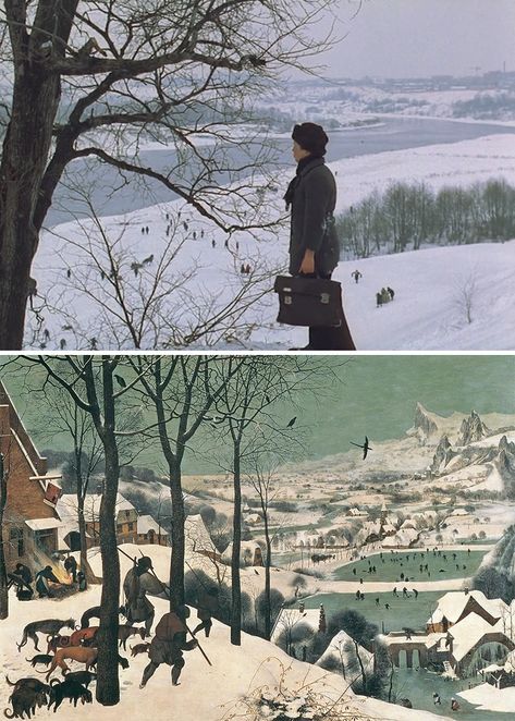 Movie: The Mirror (1975, Andrei Tarkovsky) vs. Painting: The Hunters in the Snow (Dutch: Jagers in de Sneeuw), also known as The Return of the Hunters, is a 1565 oil-on-wood painting by Pieter Bruegel the Elder. Mirror Movie, Mirror 1975, Snow Movie, Hunters In The Snow, Bruegel The Elder, Nordic Painting, Andrei Tarkovsky, Film Shots, Classical Paintings