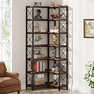 TRIBESIGNS WAY TO ORIGIN 7 Shelf Corner Bookcase, Industrial Large Corner Bookshelf, 7-Tier Tall Corner Shelf Storage Display Rack with Metal Frame for Living Room Home Office, Rustic Brown Corner Shelf Storage, Tall Corner Shelf, Staircase Frames, Office Rustic, Corner Bookshelf, Wide Bookcase, Frame For Living Room, Shelf Corner, Bookcase With Glass Doors