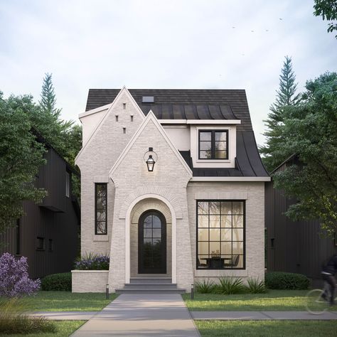 A modernized, and updated take on a tudor style home. A slurry finish is washed over the brick facade, allowing the black doors, windows and roof to provide contrast and drama. The floor plan inside borrows heavily from tradition, but presents a layout that is perfect for a modern family. Rooms are defined and separated but still flow easily from one to the next. Tudor Dormer, White Brick Exterior, Modern Tudor, Tudor Style Homes, Exterior Modern, Brick Exterior, Brick Facade, Tudor Style, House Exteriors