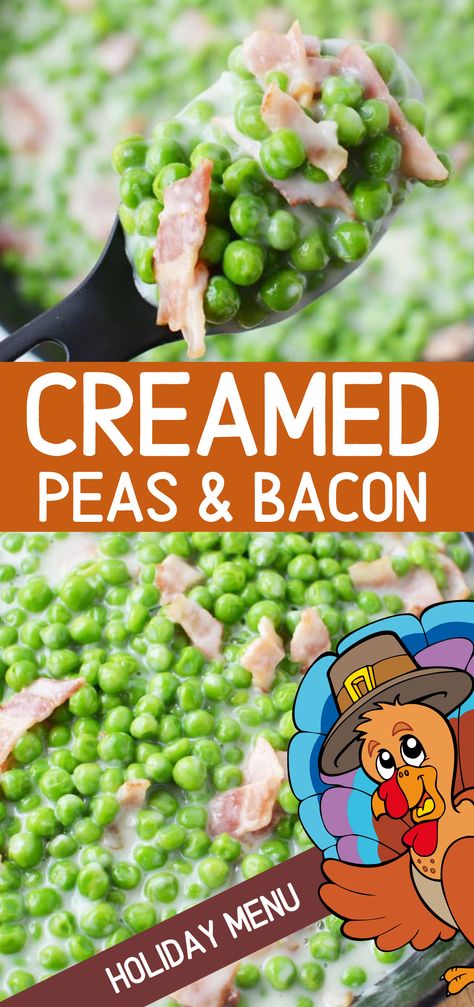 Creamed Peas for Thanksgiving Side Dish (recipe) Creamed Peas with bacon are a delicious thick, creamy, and sweet pea side dish that compliments almost every meal. Perfect for a large crowd or holiday, you can find creamed peas a fantastic option to pair up with a variety of side dishes and at under 20 minutes to make, worth your time. Fancy taste, easy recipe! #thanksgiving #sidedish #recipe #peas Pea Side Dish, Peas With Bacon, Thanksgiving Side Dishes Crockpot, Green Peas Recipes, Thanksgiving Veggies, Creamed Corn Recipes, Creamed Peas, Peas Recipe, Thanksgiving Side Dish