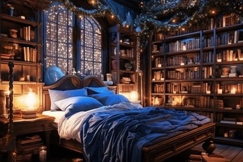 Ravenclaw inspired bedrooms • Got inspired from @benmyhre who doe’s absolutely amazing rooms and houses with MidJourney ( he is a must… | Instagram Hogwarts Ravenclaw Common Room, Ravenclaw Dorm Room, Hogwarts Dorm Room Ravenclaw, Harry Potter Ravenclaw Common Room, Ravenclaw Bedroom Ideas, Ravenclaw Common Room Bedrooms, Ravenclaw Inspired Bedroom, Hogwarts Aesthetic Ravenclaw Common Room, Ravenclaw Dormitory