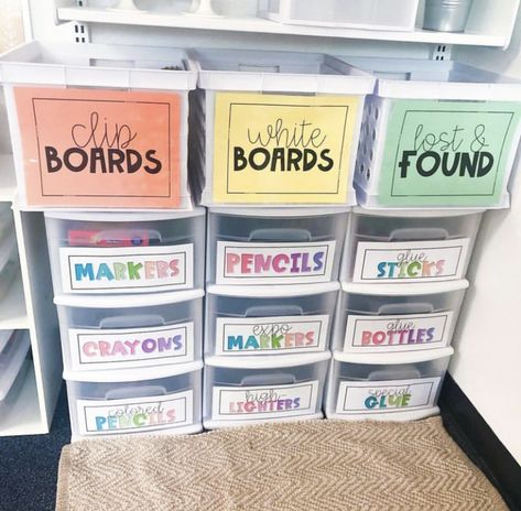 Classroom Bin Organization, Student Take Home Folder Organization, 3 Drawer Organizer Classroom, 2nd Grade Classroom Management Positive Reinforcement, Trs Classroom Set Up, Fundations Board Set Up, Classroom Front Board, Group Supply Organization Classroom, How To Store Centers In Classroom