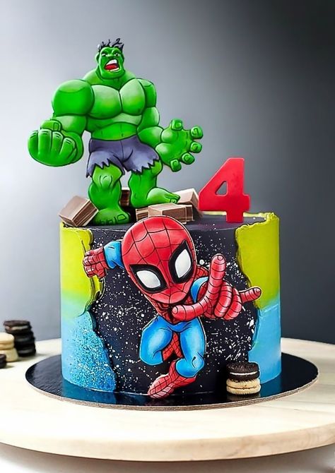 Hulk And Batman Cake, Hulk Spiderman Cake, Hulk And Spiderman Cake, Marvel Cakes For Boys, Superhero Cake For Boys, Spiderman And Hulk, Hulk Birthday Cakes, Hulk Cake, Ironman Cake