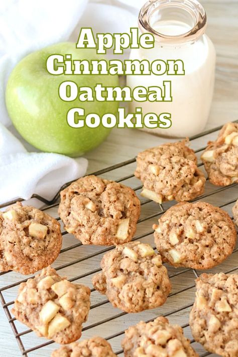 Apple Cinnamon Oatmeal Cookies cooling on a baking rack with a glass of milk and a Granny Smith apple. Chewy Apple Cinnamon Oatmeal Cookies, Apple Spice Oatmeal Cookies, Apple Cinnamon Breakfast Cookies, Fresh Apple Oatmeal Cookies, Cinnamon Apple Oatmeal Cookies, Oatmeal Snickerdoodle Cookies, Apple Oatmeal Cookies Recipes, Oatmeal Cookie Mix Recipes, Apple Cookies Recipes Easy