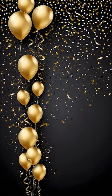 Balloons Black And Gold, Black And Gold Balloons Background, Black And Gold Glitter Background, Black And Golden Background, Black Background With Gold, Gold Confetti, Gold Balloons, Premium Photo, Black And Gold