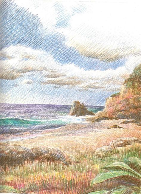 Landscape Drawing Pencil, Colour Pencil Art Landscapes, Pencil Colour Painting, Sketch Landscape, Color Pencil Sketch, Color Pencil Illustration, Colored Pencil Artwork, Shading Techniques, Kids Artwork