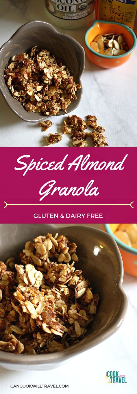 Make your own Spiced Almond Granola and know exactly what goes in it! Love that! I took my favorite granola recipe, reduced the sugar, and amped up the spices so it's like your snack is giving you a giant, delicious hug! Spiced Granola, Granola Gift, Almond Granola Recipe, High Protein Granola, Vanilla Granola, Spiced Almonds, Protein Granola, Almond Granola, Gluten Free Granola