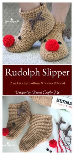 Rudolph Reindeer Slipper Socks Free Crochet Pattern and Video Tutorial Funky Slippers, Crochet Rudolph, Christmas Scent, Crocheted Slippers, Crochet Slippers Free Pattern, Crochet Shoes Pattern, Christmas Slippers, Crochet Slipper Pattern, Crochet Xmas