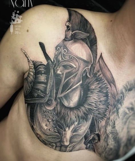 Warrior Chest Tattoo For Men, Gladiator Chest Tattoo, Warrior Chest Tattoo, Fable Tattoo, Spartan Helmet Tattoo, Egyptian Tattoos, Scroll Tattoos, Cover Up Tattoos For Men, Gladiator Tattoo