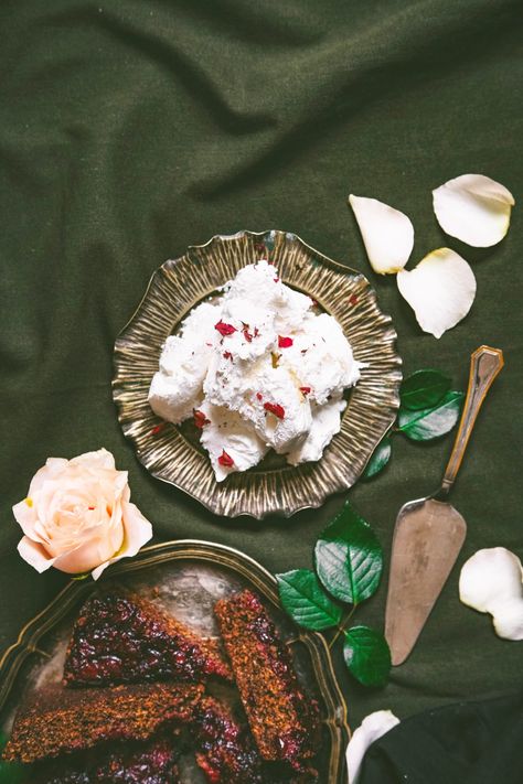 Walnut cake with hibiscus jam and rose petal icecream makes for a unique summertime dessert. Herbal Academy has the recipes here! (#affiliate) Hibiscus Jam, Walnut Uses, Rose Ice Cream, Dried Hibiscus Flowers, Herbal Academy, Berry Jam, Warm Cake, Walnut Cake, Dried Rose Petals