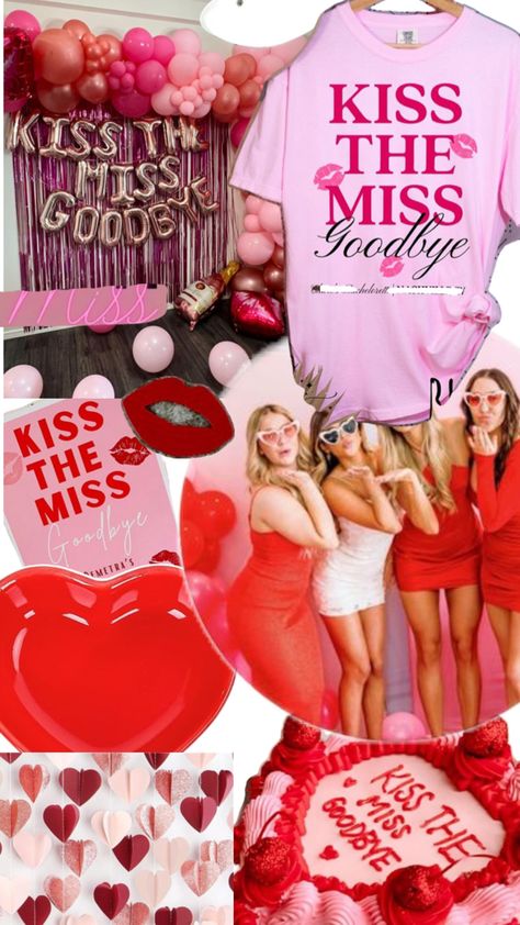 valentines bachelorette party inspo, kiss the miss goodbye bach party theme ideas for Valentine’s Day, bridesmaids matching shirts for bachelorette party and cute bride shirt Bach Party Theme, Valentines Bachelorette, Bachelorette Party Decor Ideas, Valentines Weekend Getaway, Shirts For Bachelorette Party, Kiss The Miss Goodbye, Bride Tribe Shirt, Cute Bride, Bachelorette Party Decor