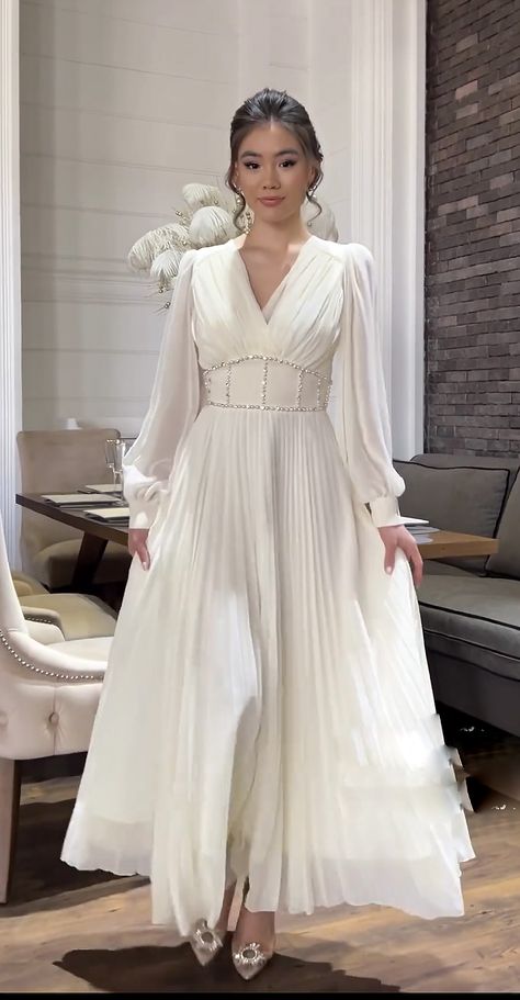 White Hijabi Dresses, Evening Dresses Elegant Classy Simple, Engement Dress, Timeless Dresses Classy, White Gowns Elegant Classy, Modest Engagement Dress, Gowns Dresses Elegant Classy, Engagement Outfits For Bride, Engagement Dresses Elegant