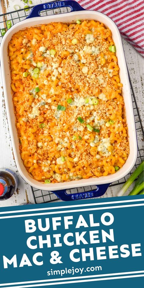 This Buffalo Chicken Mac and Cheese is full of amazing buffalo flavor, wrapped in a cheesy sauce around pasta and chicken. Your family will absolutely love this perfect baked mac and cheese recipe. Buffalo Chicken Mac And Cheese With Popcorn Chicken, Buffalo Blue Cheese Mac And Cheese, Buffalo Chicken Man And Cheese, Mac And Cheese Recipe Buffalo Chicken, Baked Buffalo Mac And Cheese, Buffalo Mac And Cheese Recipe Baked, Buffalo Chicken And Mac And Cheese, Buffalo Mac And Cheese Recipe Easy, Buffalo Chicken Mac And Cheese Baked