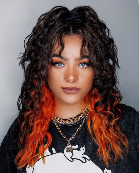 Vivid Curly Hair, Peekaboo Hair Color Orange, Color Blocking Hair Techniques, Sunset Peekaboo Hair, Curly Split Dyed Hair, Curly Peekaboo Hair, Split Dyed Curly Hair, Under Dyed Hair Curly, Orange Peekaboo Hair