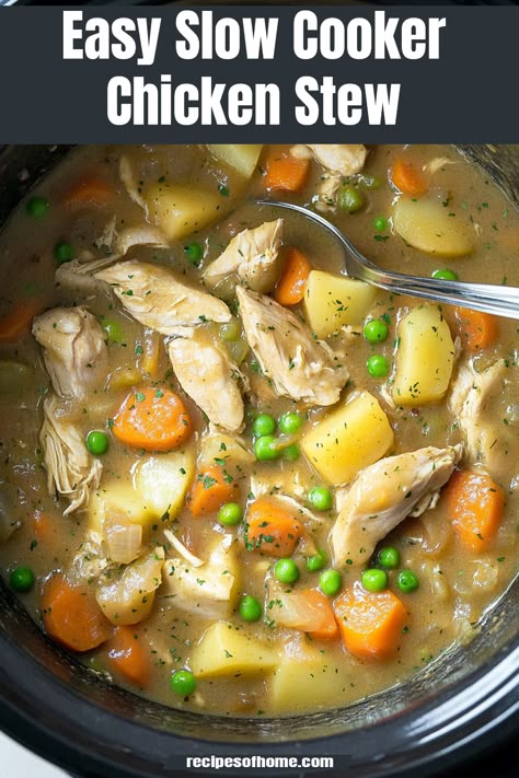 Warm, hearty, and loaded with tender chicken, veggies, and a creamy broth, this Slow Cooker Chicken Stew is the ultimate comfort food! Perfect for busy weeknights or meal prep. 🥕🍗🥔 #SlowCookerRecipes #ChickenStew #ComfortFood #EasyMeals #MealPrepIdeas #HealthyDinners #CrockpotRecipes #FamilyFavorites #CozyEats Ww Chicken Stew Recipe, Crock Pot Stew Recipes Easy, Hearty Slow Cooker Chicken Stew, Chicken Stew Crockpot Easy, Gluten Free Chicken Stew Crockpot, Chicken Stew Recipe Slow Cooker, Lemon Chicken Stew, Crockpot Chicken Stew Recipes Slow Cooker, Crockpot Recipes Chicken Stew