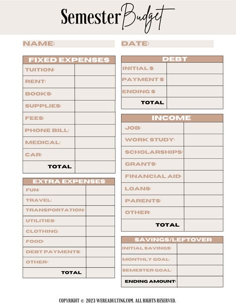 Free Printable College Semester Budget Worksheet bookplanner #courseplanner #plannertoorganize🌻. Student Saving Plan, Budgeting Finances College Student, Budget Plan For College Student, Monthly Budget College Student, How To Budget College Student, College Student Saving Plan, Budgeting In College, College Semester Planning, Budgeting For Students