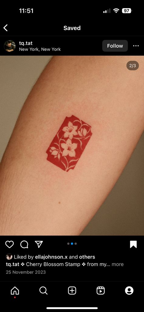 Lychee Tattoo Minimalist, Red Arm Band Tattoo For Women, Cherry Blossom Stamp Tattoo, Red Stamp Tattoo, Chinese Stamp Tattoo, Magenta Tattoo, Minimalist Red Tattoo, Selena Tattoo, Plum Blossom Tattoo