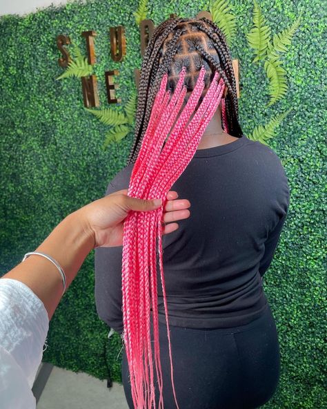 Knotless Pink Peekaboo Braids, Long Knotless Braids With Peekaboo Color, Knotless Box Braids With Pink, Knotless Braids With Pink In The Back, Hidden Color Box Braids, Hot Pink Peekaboo Braids, Black And Pink Peekaboo Braids, Knotless Braids Pink, Pink Peekaboo Hair Braids