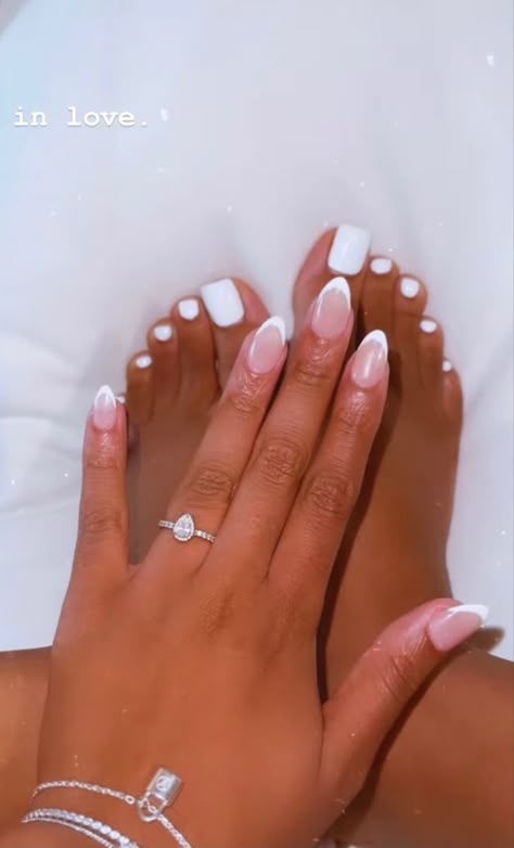 Bride Mani And Pedi, Feet And Hand Nails Matching, White Mani Pedi Combos, Matching Nail And Toe Sets Spring, Matching Feet And Nails, Toe Nails And Nails Matching, Wedding Nails And Toes For Bride, Matching Pedicure And Manicure Ideas, Fingers And Toes Matching Nails