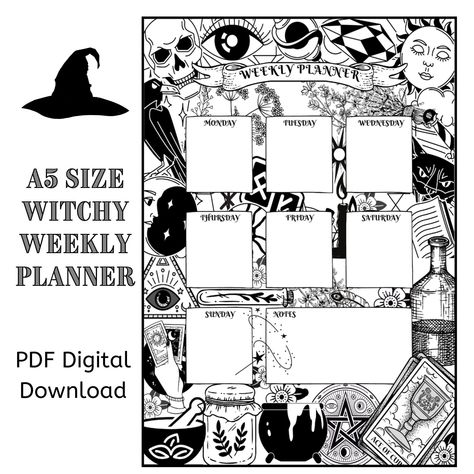 A5 WITCHY WEEKLY PLANNER printable download p Witchy Weekly Planner, Witchy Templates, Witchy Planner, Digital Labels, Detailed Coloring Pages, Daily Planner Pages, Selling Candles, Planner Printables Free, Planner Binder