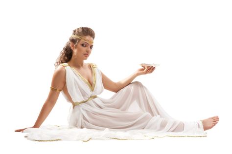 Story of Metanira of Greek Mythology Goddess Costume Accessories, Toga Fancy Dress, Athena Greek Goddess, Lauren Young, Greek Wedding Dresses, Roman Clothes, Toga Party, Greek Costume, Leaf Headpiece