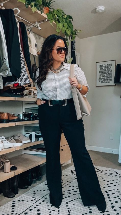 taryntruly on LTK Denim Trousers Outfit, Taryn Truly, Straight Flare Jeans, Boss Lady Outfit, Flare Jeans Outfit, Black Flare Jeans, Double Buckle Belt, Smart Casual Work Outfit, Smart Casual Work