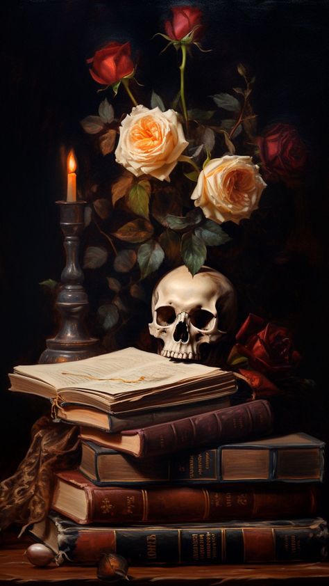 Moody Academia, Dark Academia Painting, Books And Plants, Books And Flowers, Moody Painting, Academia Art, Witchy Wallpaper, Oil Painting Portrait, Painting Portrait