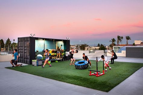 New Rooftop Gym in City Heights - San Diego Magazine - February 2016 - San Diego, California Outdoor Gym Ideas, Soccer Backyard, Rooftop Gym, Container Gym, Fitness Design Gym, Garage Gyms, Urban Fitness, Backyard Gym, Gym Garage