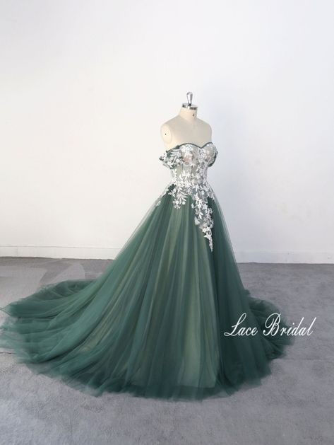 Dark Green Wedding Dress, Emerald Wedding Dresses, Emerald Green Wedding Dress, Green Wedding Dress, Wedding Gown A Line, Dark Green Wedding, Green Wedding Dresses, Ivory Lace Wedding Dress, Green Themed Wedding