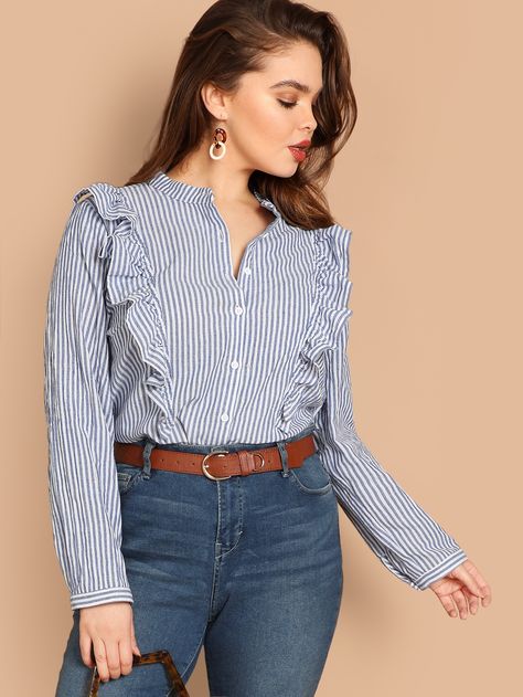 Casual Work Outfits, Band Collar, Women Shirts Blouse, Fall Fashion Trends, Striped Fabrics, Plus Size Blouses, Striped Blouse, Fashion Wear, Pop Fashion