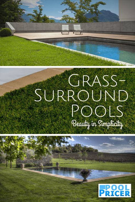 Call it a grass-surround pool, a grass-edge pool, or just a grass pool deck. Whatever, you call it, it's a chic and inexpensive option for would-be pool owners. Swimming Pool Grass Surround, Grass Next To Pool, Pool Grass Landscaping, Pool Grass Surround, Pools With Grass Around Them, Pool With Grass Surround, Grass Pool Deck, Pool With Grass Around It, Farmhouse Pools