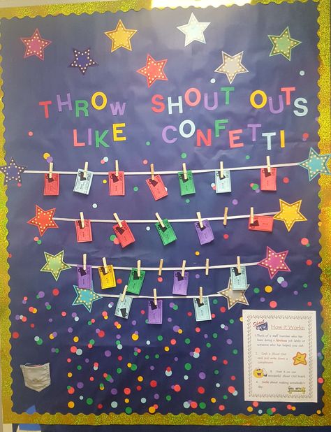 Faculty Bulletin Board - Shout Outs Teacher Recognition Bulletin Board, Shout Out Boards Employee, Staff Shout Out Board Good Ideas, Work Shout Out Board, Staff Positivity Board, Hr Communication Board, Classroom Shout Outs, Shout Out Board Classroom, Work Boards Employee