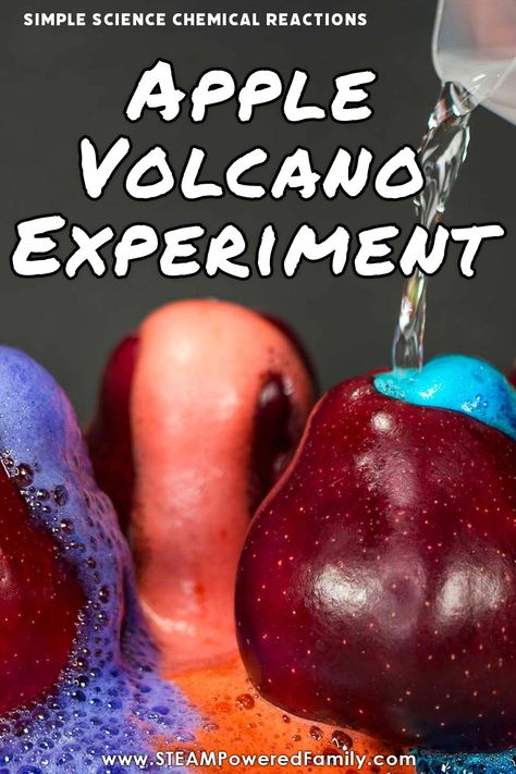 Close up of apple volcanoes erupting in a beautiful selection of colours while a clear liquid is being poured on the volcano apples to make them erupt. Overlay text reads: Simple Science Chemical Reactions Apple Volcano Experiment www.STEAMPoweredFamily.com Apple Volcano Experiment, Fall Stem Activities For Kids, Thanksgiving Stem Activities, Apple Unit Study, Fall Stem Activities, Thanksgiving Stem, Kitchen Science Experiments, Chemistry For Kids, Volcano Experiment