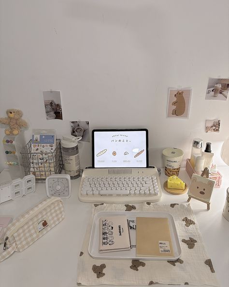 Sweet milktea vibes 🧋🧸☁️ #deskgram #deskaesthetic #milktea #unilife #studentlife #study Study Table Aesthetic Vintage, Aesthetic White Desk, Writing Setup, Study Table Aesthetic, French Style Desk, Vintage Study, Study Desk Organization, Typewriter Keyboard, Beige Desks