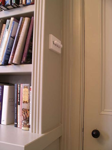 Light switches on side of built in to utilize the wall space!  Great Idea! Light Switch On Side Of Cabinet, Bookcase Lighting Ideas Built Ins, Fitted Bookshelves, Door Bookshelves, Arched Bookcases, Fitted Cupboards, Builtin Bookshelves, Cozy Kitchens, Victorian Library