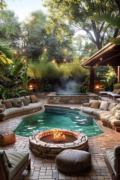 15 Best Pool Landscaping Ideas You’ll Love 13 Large Backyard With Pool Ideas, Pool With Fire Pit, Backyard Bbq Area, Bbq Area Ideas, Cozy Pool, Luxury Backyards, Spool Pool, Small Pools Backyard, Garden Furniture Ideas