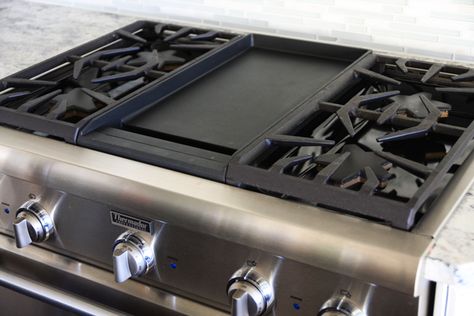 gas range with griddle instead of extra burner Stovetop Griddle, Thermador Cooktop, Stove With Griddle, Thermador Range, Natural Light Kitchen, Stove Top Griddle, Update Kitchen Cabinets, Our Best Bites, Appliance Storage