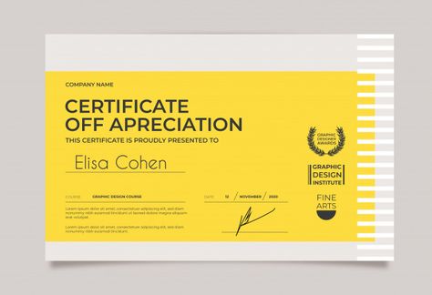 Minimal certificate template yellow and ... | Free Vector #Freepik #freevector Diploma Design Certificate, School Certificate Design, Certificate Design Inspiration, Black Certificate, Certificate Layout, Diploma Design, A4 Template, Certificate Of Achievement Template, Border Vector