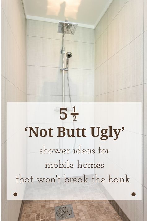 If you think the walls in this shower are made of tile - they are not. They are mobile, tiny and RV friendly laminate wall panels which travel well. Get 5 1/2 ideas for a stylish mobile-friendly home - which won't bust your budget. | Innovate Building Solutions #WallPanels #LaminatePanels #MobileHome #TinyHome Rv Shower Remodel Diy Tile, Mobile Home Walk In Shower Remodel, Tiny Shower Tile Ideas, Shower Remodel Mobile Home, Diy Small Shower Remodel, Alternative Shower Walls, Mobile Home Shower Ideas, Diy Shower Wall Ideas, Mobile Home Bathtub Remodel