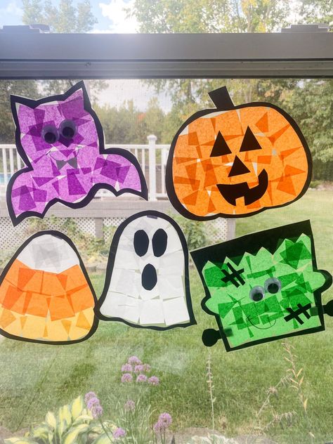 Halloween Suncatchers - ABCDee Learning Halloween Crafts For Kindergarten Party, Halloween Activity For 1st Grade, Pumpkin Stained Glass Craft, Frankenstein Suncatcher Craft, Halloween Sun Catcher Craft, Halloween Arts And Crafts Preschool, Monster Suncatcher Craft, Halloween School Crafts 1st Grade, Halloween Science Center Preschool