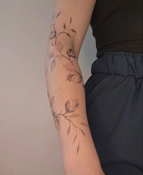 Forearm Delicate Tattoo Women, Rose Vine Sleeve Tattoo, Blossom Wrap Tattoo, Full Arm Fine Line Tattoo, Wrap Flower Tattoo Arm, Line Work Flower Sleeve, Roses Wrapped Around Arm Tattoo, Tattoo Flowers Around Arm, Floral Wrap Around Tattoo Shoulder