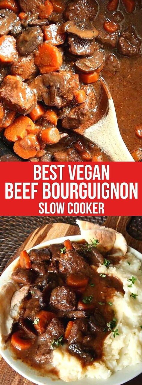 Vegan Beef Bourguignon Recipe is from the Slow Cooker is a must-make. It has a rich broth and is packed with healthy vegetables such as mushrooms and carrots. So simple, and you'll be amazed at how hearty this dish is! #veganbeefBourguignon #beefBourguignonrecipe #beefBurgundy #veganbeefBourguignonslowcooker #veganbeefBourguignonrecipe #veganbeefBourguignonrecipecrockpot Beef Bourguignon Slow Cooker, Beef Bourguignon Recipe, Simple Crockpot, Vegan Slow Cooker Recipes, Vegan Crockpot Recipes, Vegetarian Slow Cooker Recipes, Recipe Cheesecake, Vegan Crockpot, Vegan Slow Cooker