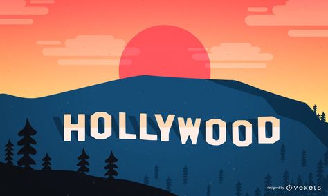 Hollywood illustration featuring the classic Hollywood sign over a sunset. Flat illustration for your projects! Hollywood Sign Drawing, Hollywood Drawing, Hollywood Landscape, Hollywood Illustration, Hollywood Painting, Hollywood Sign Illustration, Hollywood Sign Painting, Los Angeles Illustration, Hollywood Logo