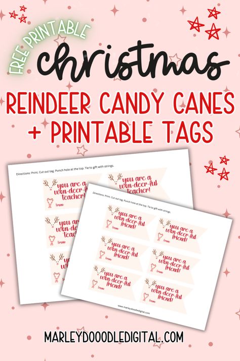 Add some holiday cheer to your gifts with these free printable gift tags for reindeer candy canes! Perfect for DIY candy cane crafts, these tags make great student gifts, class favors, or stocking stuffers. Easy to make and affordable, these reindeer candy canes are loved by kids. Download your free tags and spread festive fun this Christmas season! Free Printable Candy Tags, Christmas Class Treats, Daycare Treats, Reindeer Candy Canes, Diy Candy Cane, Diy Reindeer, Fun Christmas Party Ideas, Free Christmas Tags Printable, Reindeer Candy