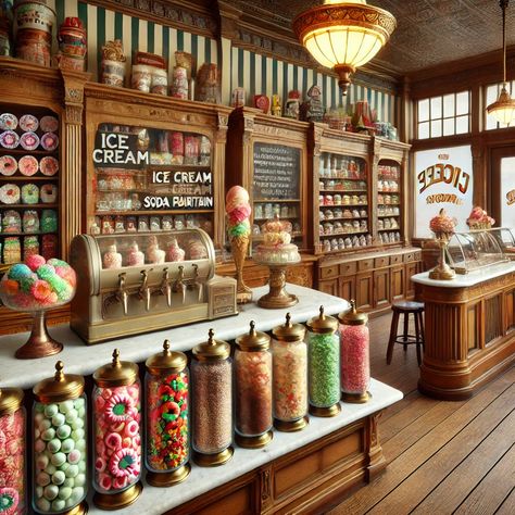 Old Time Candy Shop, Vintage Candy Store Aesthetic, Vintage Toy Store Aesthetic, Old Fashioned Candy Shop, Old Fashioned Candy Store, Candy Shop Aesthetic, Retro Candy Shop, Vintage Candy Store, Vintage Candy Shop