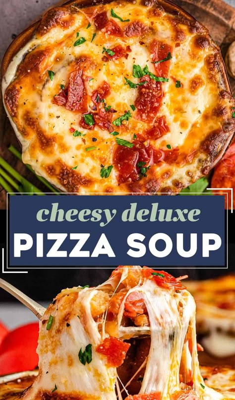 Cheesy Deluxe Pizza Soup - The Chunky Chef Cheese Burger Soup Recipes Easy, Creamy Italian Soup Recipes, Unique Soup Ideas, Buffalo Soup, Awesome Soup Recipes, Restaurant Soup Recipes, Husband Soup, Keto Pizza Soup Recipe, Soup Creamy